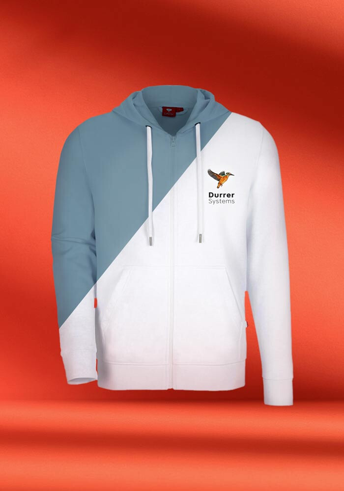 Zip-Jacke, zweifarbig geteilt, mit dem Zeichen auf der Brust