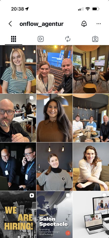 Das Instagram-Profil @onflow_agentur auf einem iPhone: Beiträge aus dem Agenturalltag – Porträts aus dem Team, ein Anlass, das gemeinsame Mittagessen, Rapperswil aus der Luft und eine Referenz.